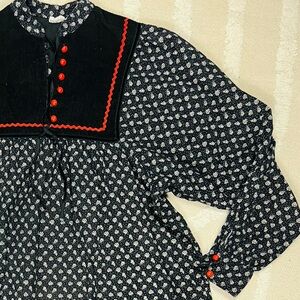 Vintage Black Floral Smock Dress | Velvet & Red Rickrack | Size 38